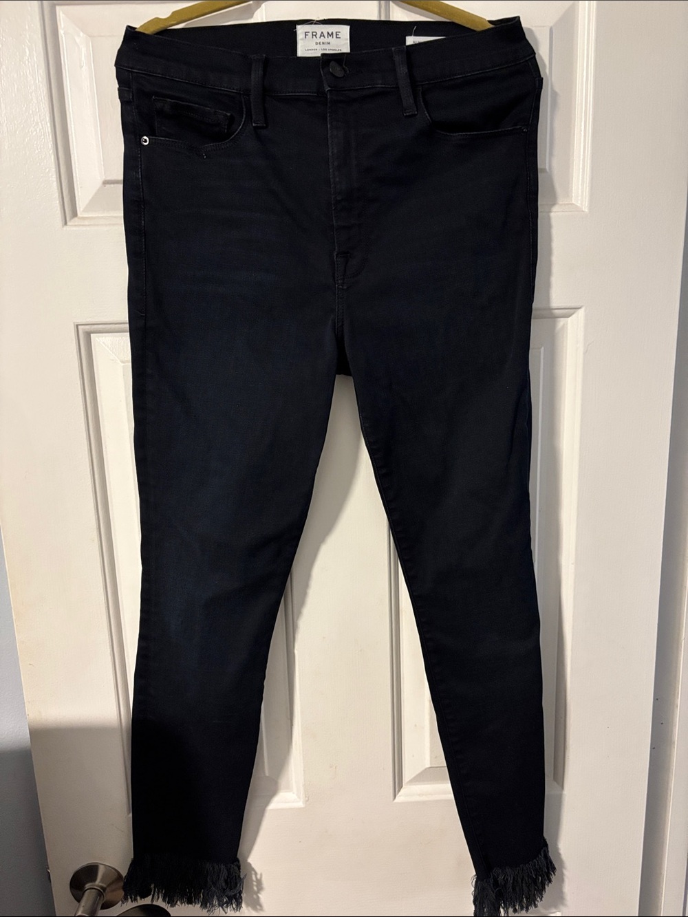 Frame Denim Black High-Rise Skinny Jeans with Frayed Ankles Size 30